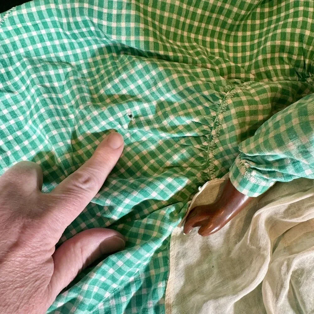 Vintage Handmade African American Doll Folk Art Decor Green Gingham Dress